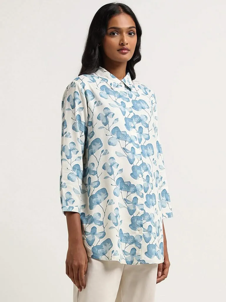 Utsa White Floral Printed Cotton Tunic