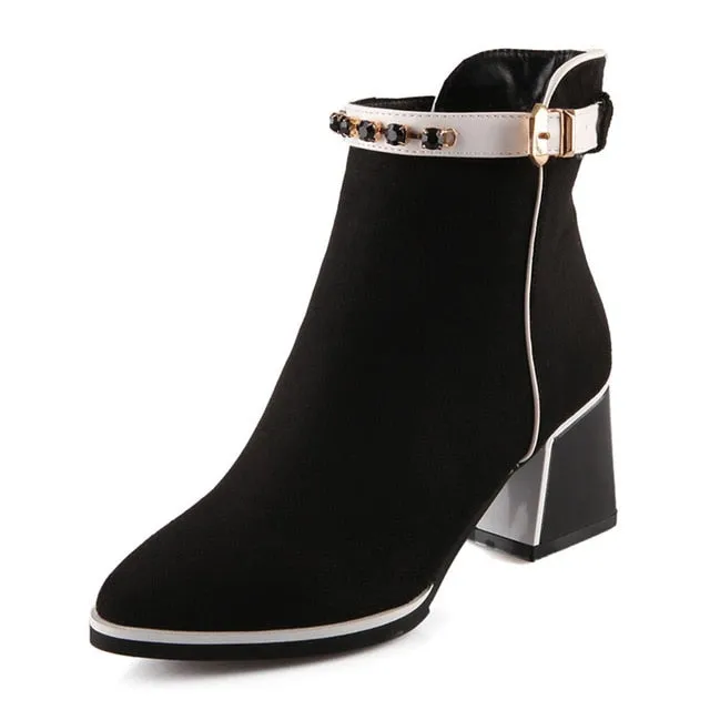 Western Square High Heels Winter Ankle Boots